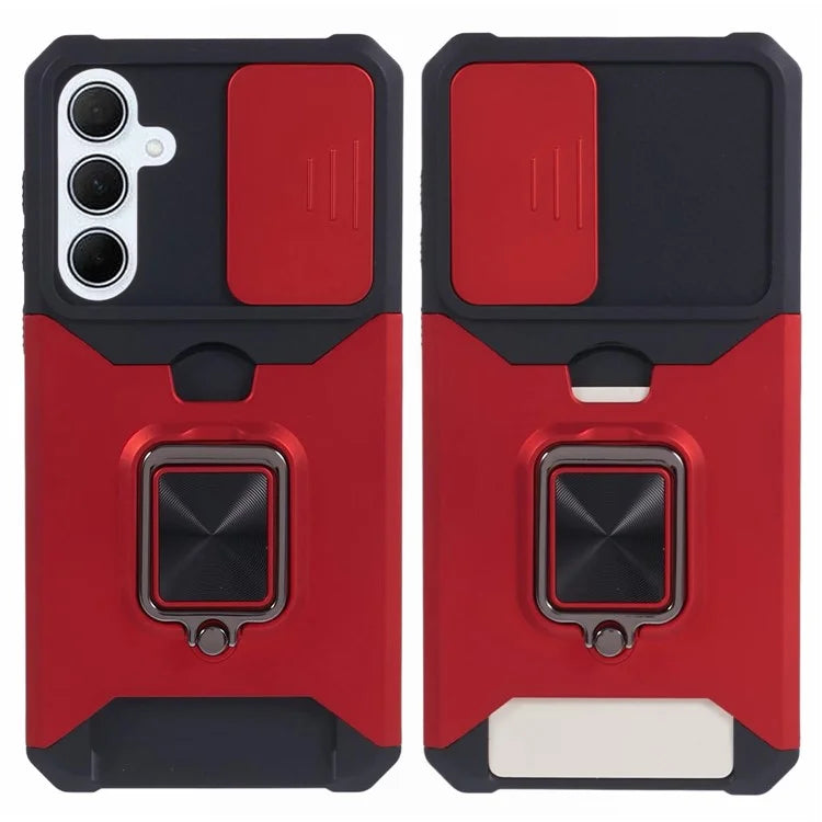 For Samsung Galaxy A35 5G Phone Kickstand Case Slide Lens Lid PC+TPU Cover with Card Holder