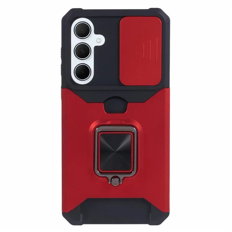 For Samsung Galaxy A35 5G Phone Kickstand Case Slide Lens Lid PC+TPU Cover with Card Holder