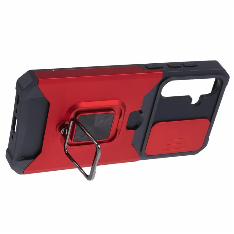 For Samsung Galaxy A35 5G Phone Kickstand Case Slide Lens Lid PC+TPU Cover with Card Holder