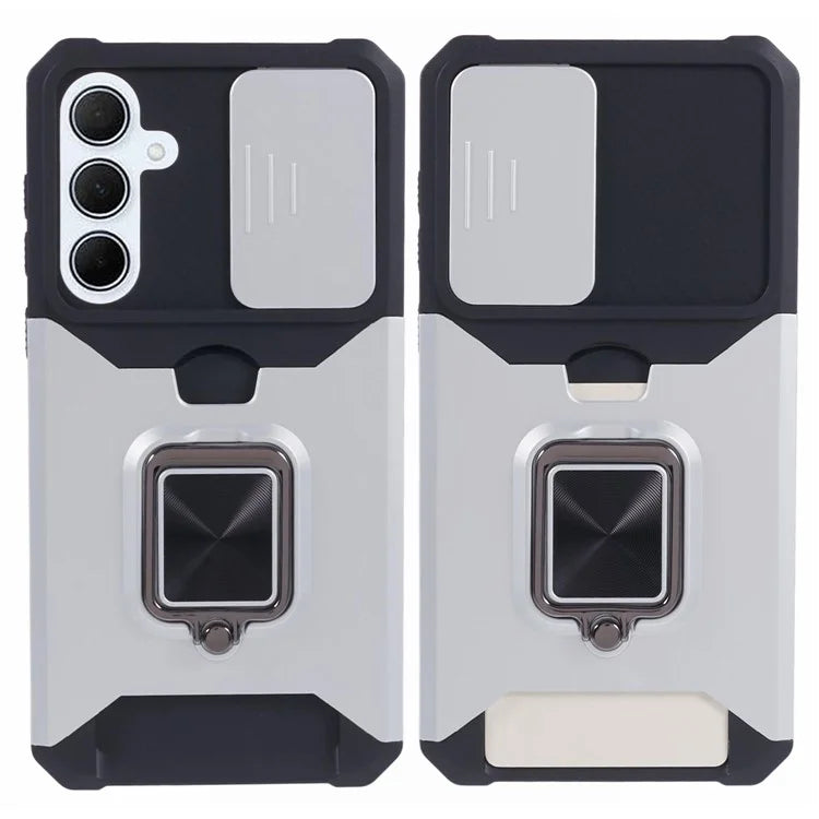 For Samsung Galaxy A35 5G Phone Kickstand Case Slide Lens Lid PC+TPU Cover with Card Holder