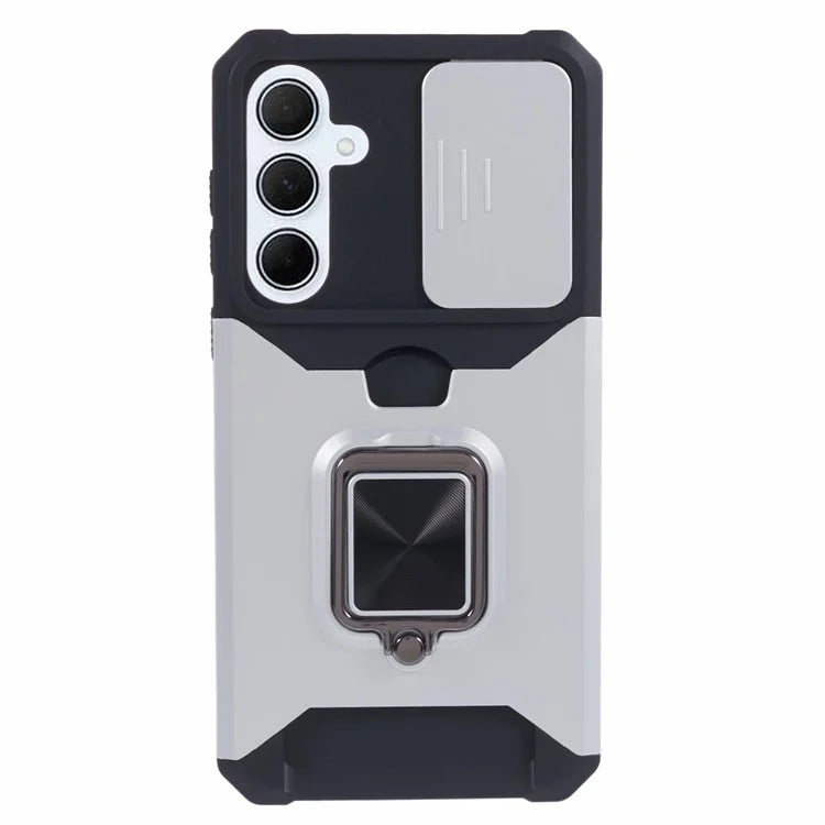 For Samsung Galaxy A35 5G Phone Kickstand Case Slide Lens Lid PC+TPU Cover with Card Holder