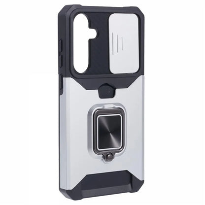 For Samsung Galaxy A35 5G Phone Kickstand Case Slide Lens Lid PC+TPU Cover with Card Holder