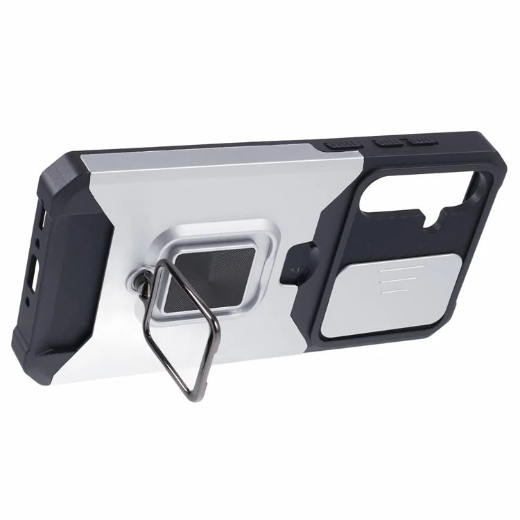 For Samsung Galaxy A35 5G Phone Kickstand Case Slide Lens Lid PC+TPU Cover with Card Holder