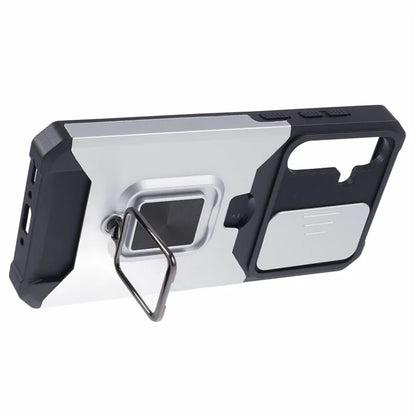 For Samsung Galaxy A35 5G Phone Kickstand Case Slide Lens Lid PC+TPU Cover with Card Holder