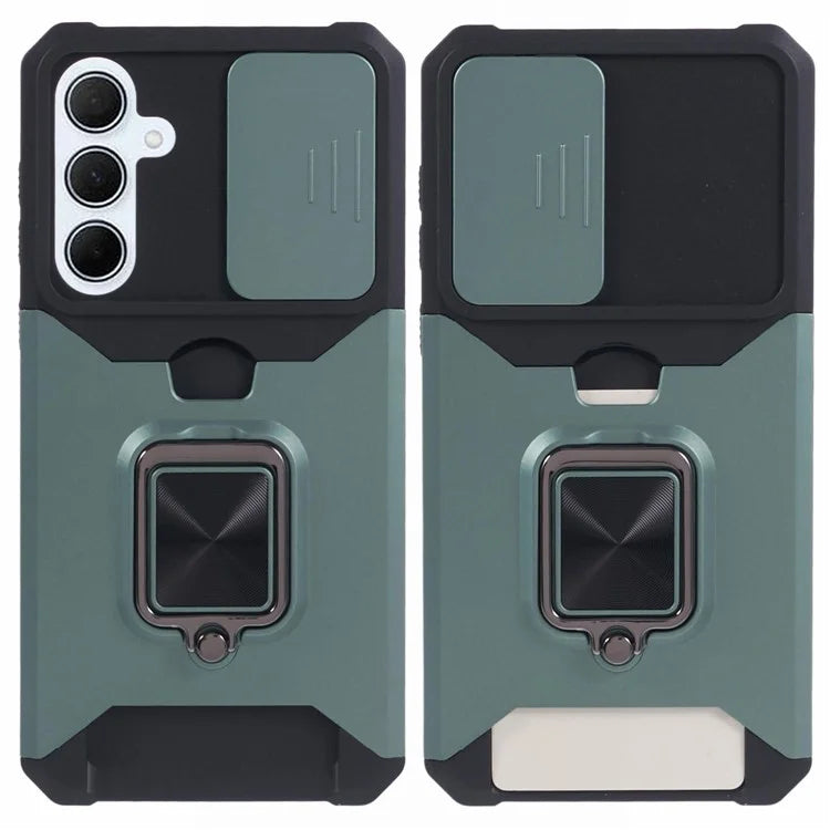 For Samsung Galaxy A35 5G Phone Kickstand Case Slide Lens Lid PC+TPU Cover with Card Holder