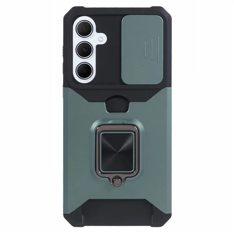 For Samsung Galaxy A35 5G Phone Kickstand Case Slide Lens Lid PC+TPU Cover with Card Holder