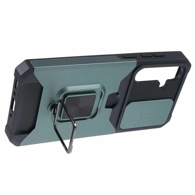 For Samsung Galaxy A35 5G Phone Kickstand Case Slide Lens Lid PC+TPU Cover with Card Holder