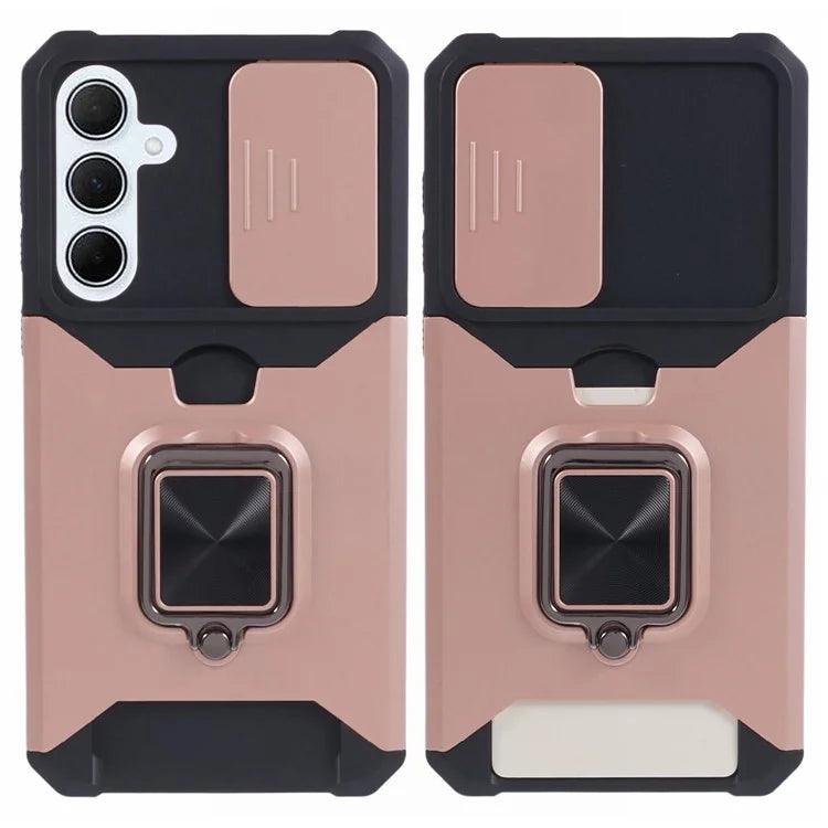 For Samsung Galaxy A35 5G Phone Kickstand Case Slide Lens Lid PC+TPU Cover with Card Holder