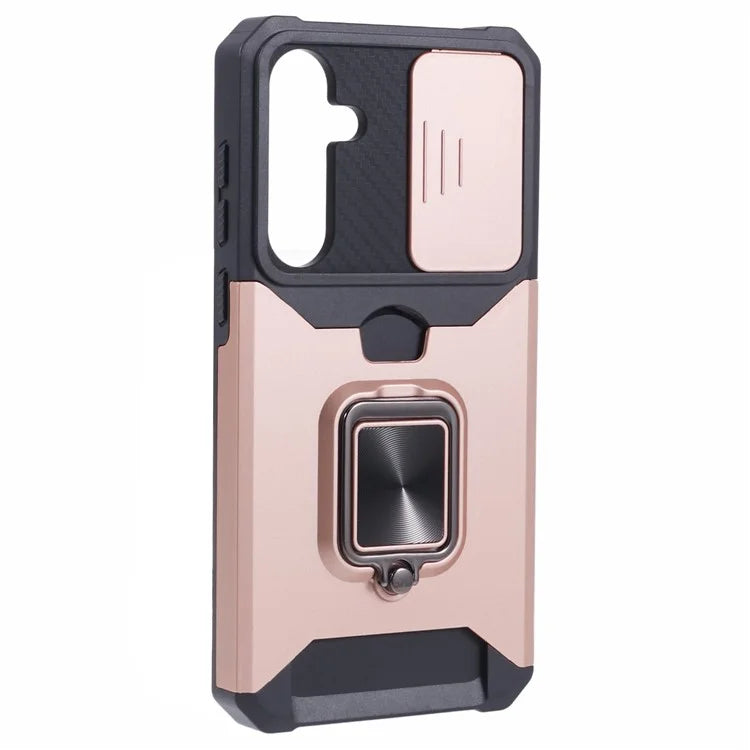 For Samsung Galaxy A35 5G Phone Kickstand Case Slide Lens Lid PC+TPU Cover with Card Holder