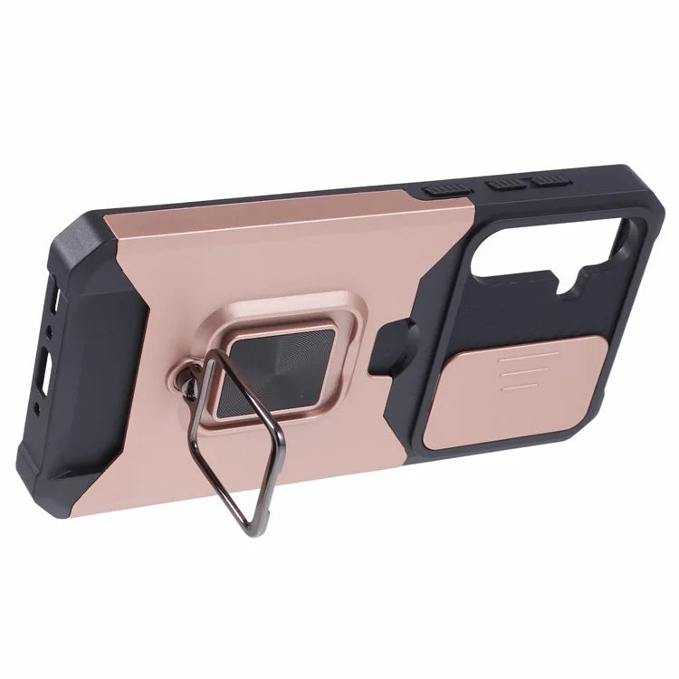 For Samsung Galaxy A35 5G Phone Kickstand Case Slide Lens Lid PC+TPU Cover with Card Holder