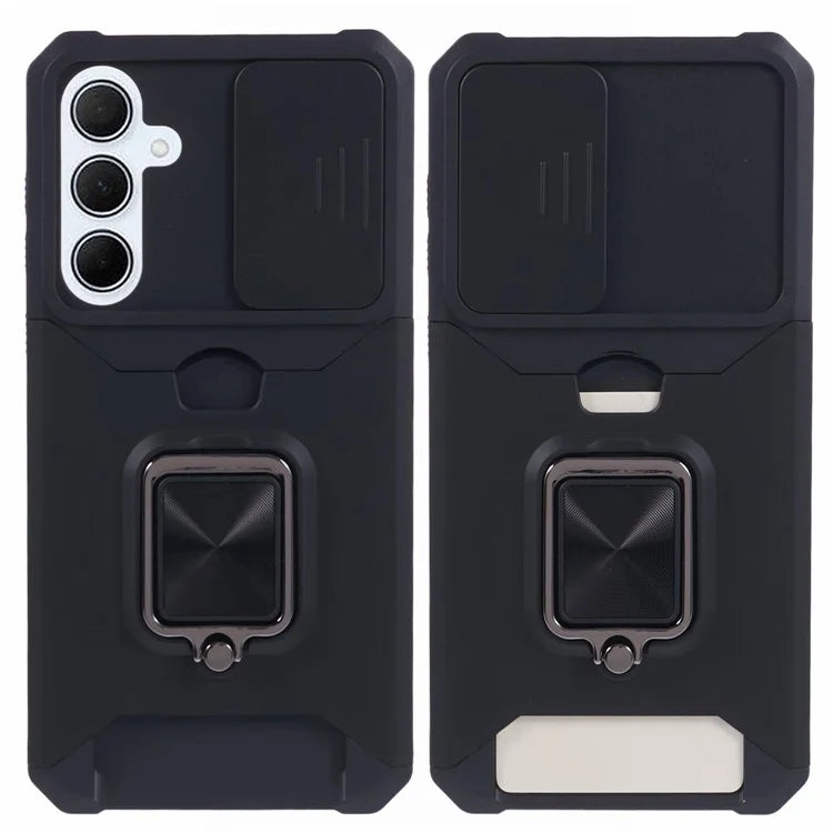 For Samsung Galaxy A35 5G Phone Kickstand Case Slide Lens Lid PC+TPU Cover with Card Holder