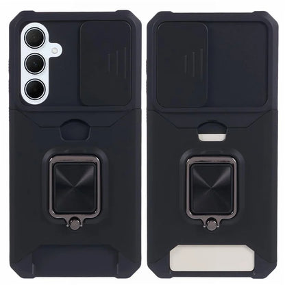 For Samsung Galaxy A35 5G Phone Kickstand Case Slide Lens Lid PC+TPU Cover with Card Holder