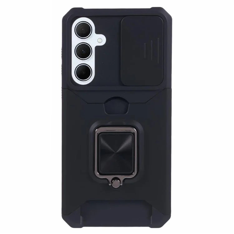 For Samsung Galaxy A35 5G Phone Kickstand Case Slide Lens Lid PC+TPU Cover with Card Holder