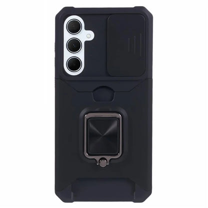 For Samsung Galaxy A35 5G Phone Kickstand Case Slide Lens Lid PC+TPU Cover with Card Holder