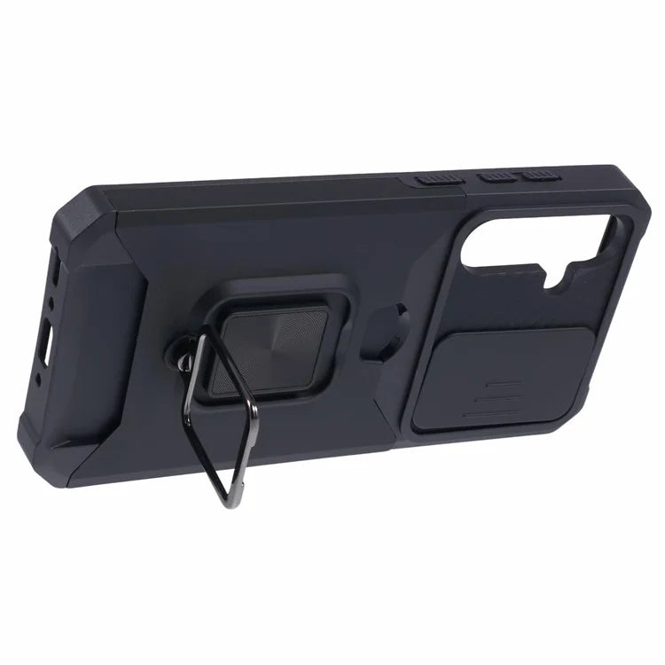 For Samsung Galaxy A35 5G Phone Kickstand Case Slide Lens Lid PC+TPU Cover with Card Holder