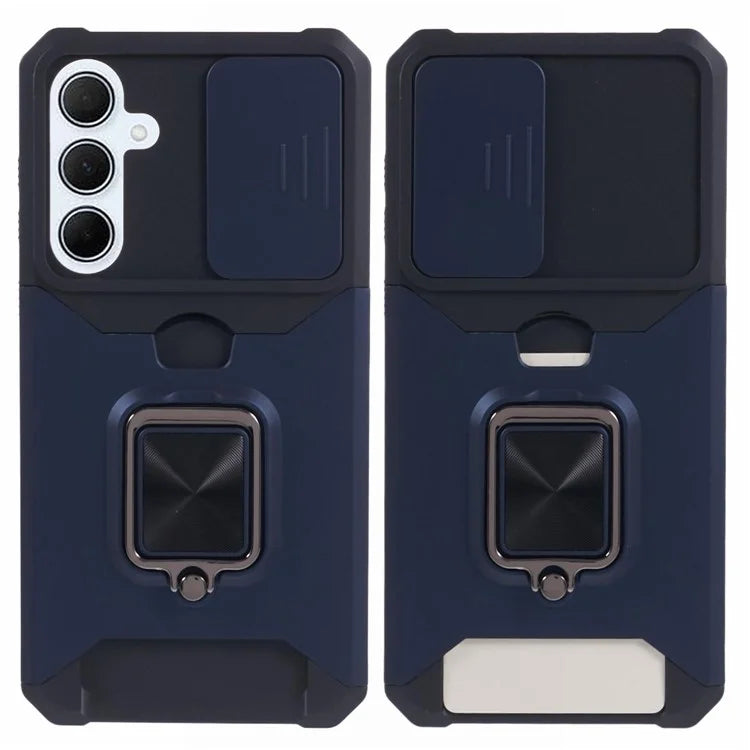For Samsung Galaxy A35 5G Phone Kickstand Case Slide Lens Lid PC+TPU Cover with Card Holder