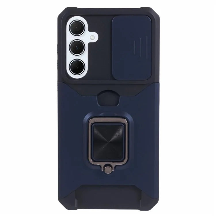 For Samsung Galaxy A35 5G Phone Kickstand Case Slide Lens Lid PC+TPU Cover with Card Holder
