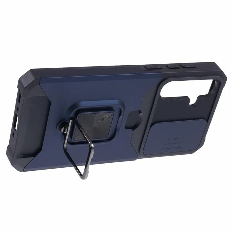 For Samsung Galaxy A35 5G Phone Kickstand Case Slide Lens Lid PC+TPU Cover with Card Holder