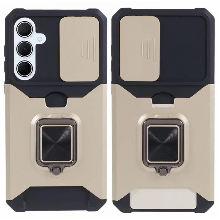 For Samsung Galaxy A35 5G Phone Kickstand Case Slide Lens Lid PC+TPU Cover with Card Holder