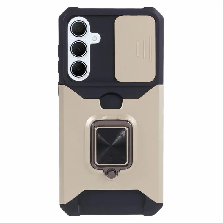 For Samsung Galaxy A35 5G Phone Kickstand Case Slide Lens Lid PC+TPU Cover with Card Holder