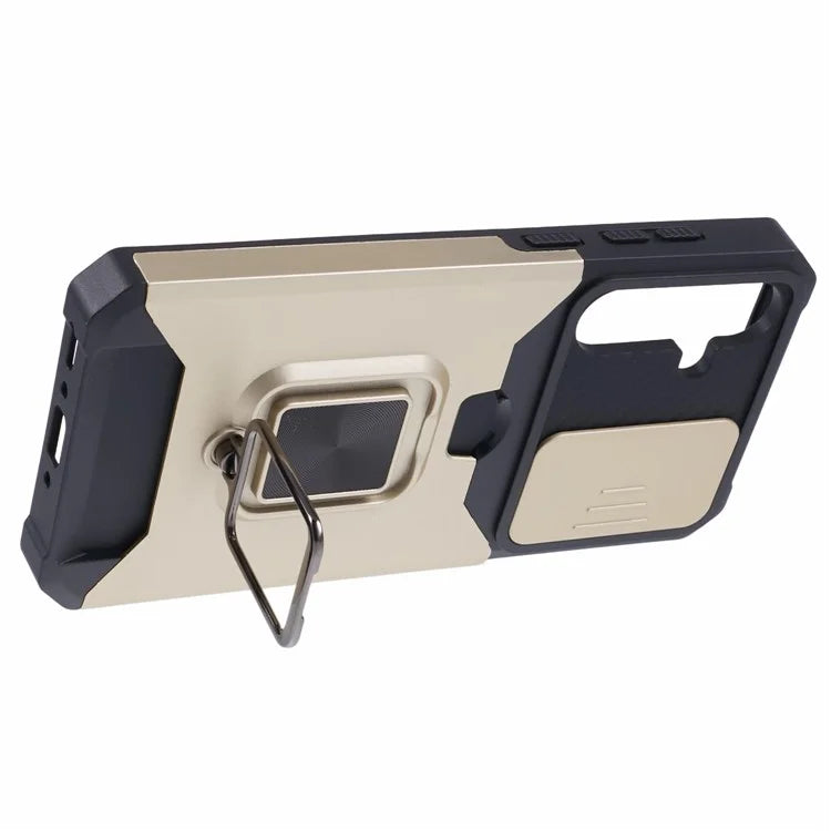 For Samsung Galaxy A35 5G Phone Kickstand Case Slide Lens Lid PC+TPU Cover with Card Holder
