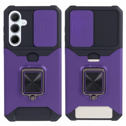 For Samsung Galaxy A35 5G Phone Kickstand Case Slide Lens Lid PC+TPU Cover with Card Holder