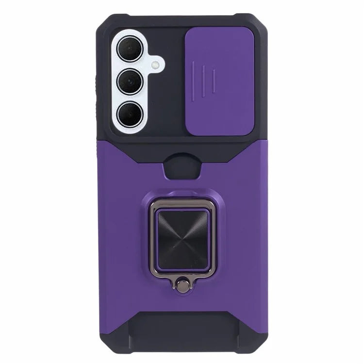 For Samsung Galaxy A35 5G Phone Kickstand Case Slide Lens Lid PC+TPU Cover with Card Holder