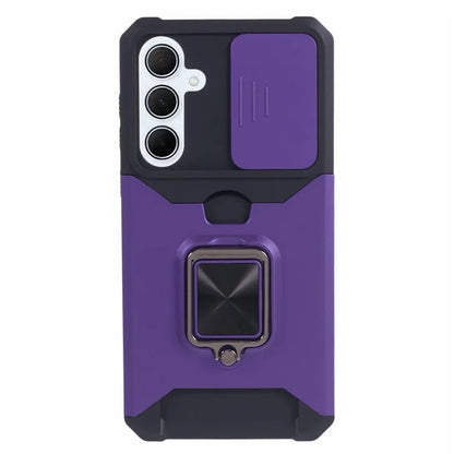 For Samsung Galaxy A35 5G Phone Kickstand Case Slide Lens Lid PC+TPU Cover with Card Holder
