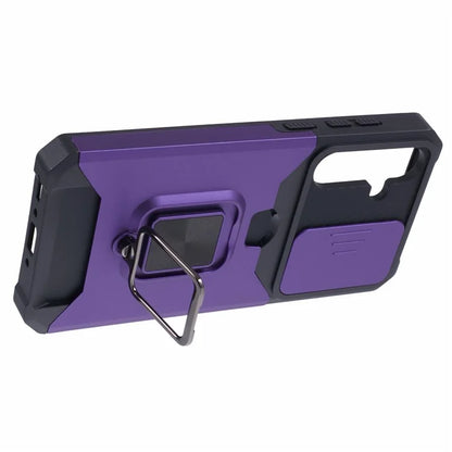 For Samsung Galaxy A35 5G Phone Kickstand Case Slide Lens Lid PC+TPU Cover with Card Holder