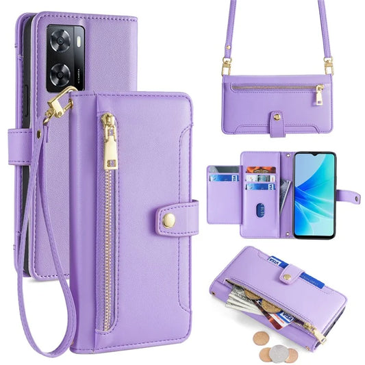 For Oppo A57 4G Case Leather Wallet Phone Cover with Zipper Pocket and Straps