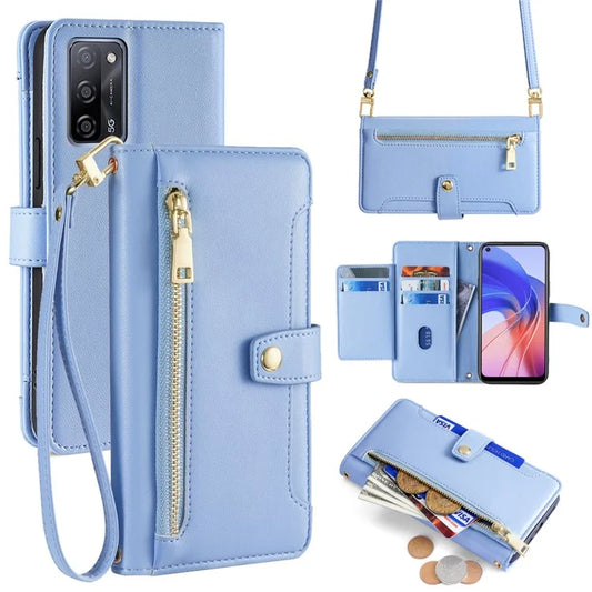 For Oppo A55 5G Leather Case Wallet Zipper Phone Bag with Shoulder Strap and Hand Strap