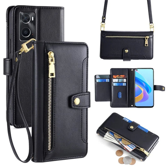 For Oppo A36 Case Zipper Pocket Leather Wallet Drop Protection Phone Cover with 2 Straps