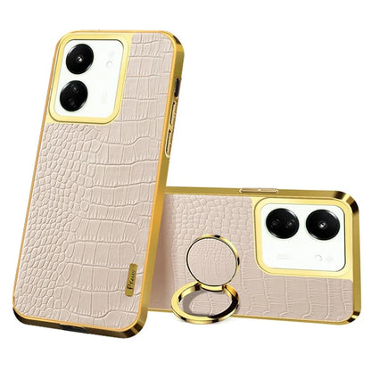 For Xiaomi Redmi 13C 5G Case Crocodile Texture Ring Kickstand Electroplated Leather+TPU Phone Cover