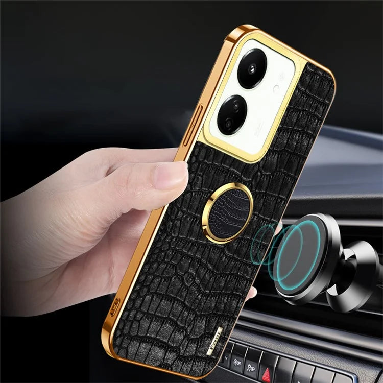For Xiaomi Redmi 13C 5G Case Crocodile Texture Ring Kickstand Electroplated Leather+TPU Phone Cover