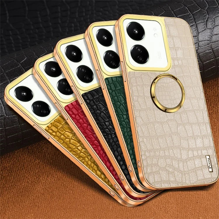 For Xiaomi Redmi 13C 5G Case Crocodile Texture Ring Kickstand Electroplated Leather+TPU Phone Cover