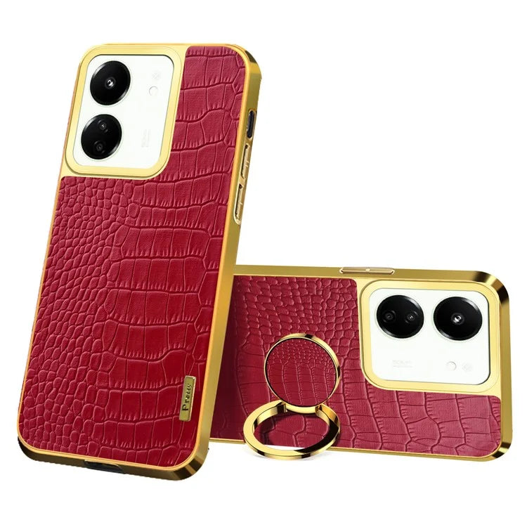 For Xiaomi Redmi 13C 5G Case Crocodile Texture Ring Kickstand Electroplated Leather+TPU Phone Cover