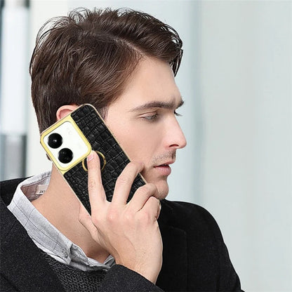 For Xiaomi Redmi 13C 5G Case Crocodile Texture Ring Kickstand Electroplated Leather+TPU Phone Cover