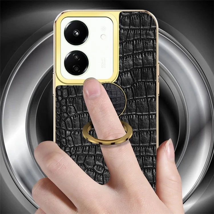 For Xiaomi Redmi 13C 5G Case Crocodile Texture Ring Kickstand Electroplated Leather+TPU Phone Cover