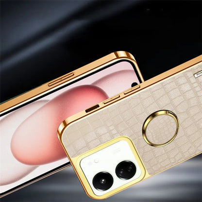 For Xiaomi Redmi 13C 5G Case Crocodile Texture Ring Kickstand Electroplated Leather+TPU Phone Cover