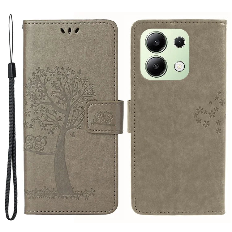 For Xiaomi Redmi Note 13 4G Cell Phone Case Owl Tree Imprinted PU Leather Stand Cover