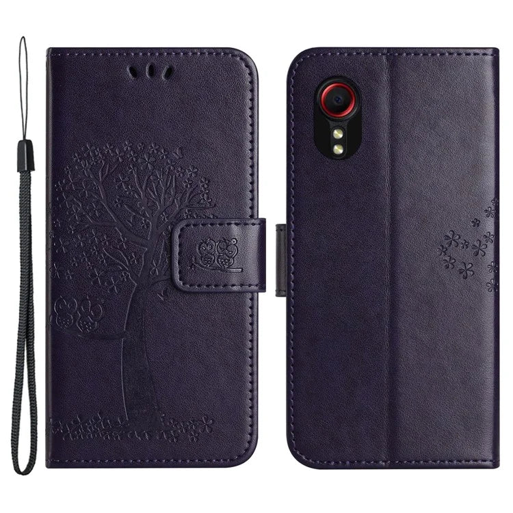 For Samsung Galaxy Xcover 7 Cell Phone Case Owl Tree Imprinted Leather Folding Stand Cover