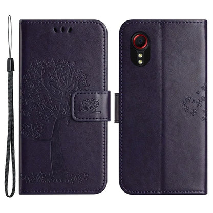 For Samsung Galaxy Xcover 7 Cell Phone Case Owl Tree Imprinted Leather Folding Stand Cover