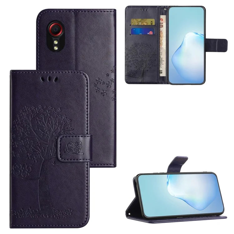 For Samsung Galaxy Xcover 7 Cell Phone Case Owl Tree Imprinted Leather Folding Stand Cover