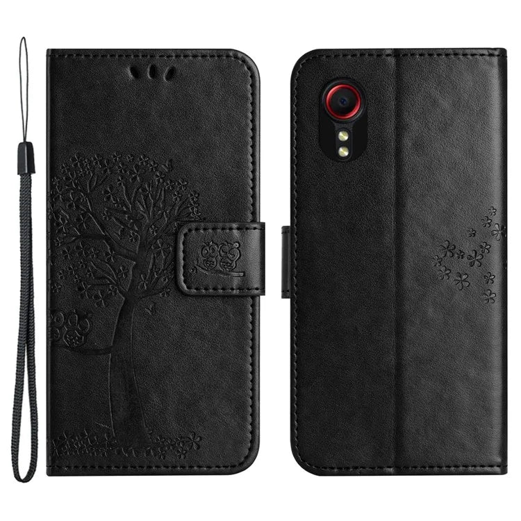 For Samsung Galaxy Xcover 7 Cell Phone Case Owl Tree Imprinted Leather Folding Stand Cover