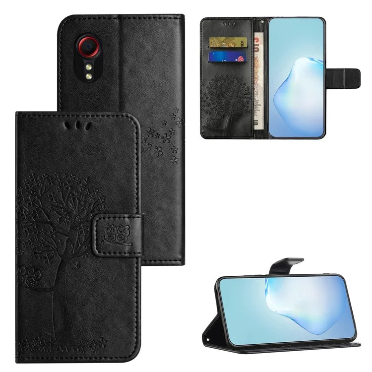 For Samsung Galaxy Xcover 7 Cell Phone Case Owl Tree Imprinted Leather Folding Stand Cover