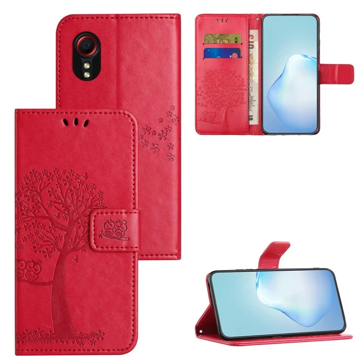 For Samsung Galaxy Xcover 7 Cell Phone Case Owl Tree Imprinted Leather Folding Stand Cover