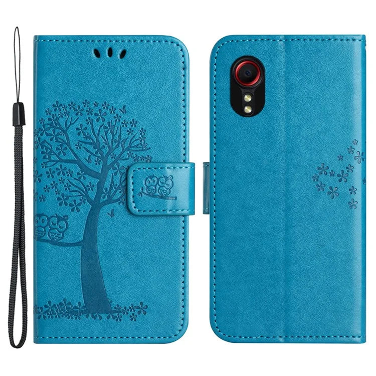 For Samsung Galaxy Xcover 7 Cell Phone Case Owl Tree Imprinted Leather Folding Stand Cover
