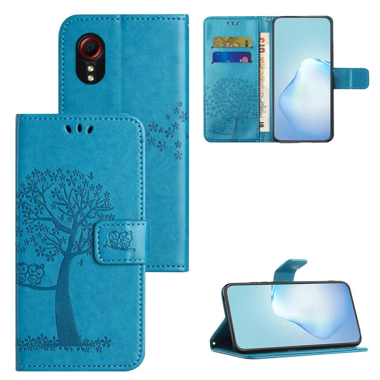 For Samsung Galaxy Xcover 7 Cell Phone Case Owl Tree Imprinted Leather Folding Stand Cover