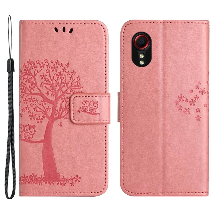 For Samsung Galaxy Xcover 7 Cell Phone Case Owl Tree Imprinted Leather Folding Stand Cover