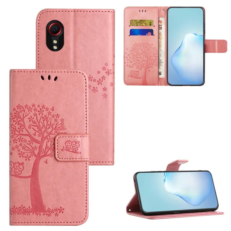 For Samsung Galaxy Xcover 7 Cell Phone Case Owl Tree Imprinted Leather Folding Stand Cover